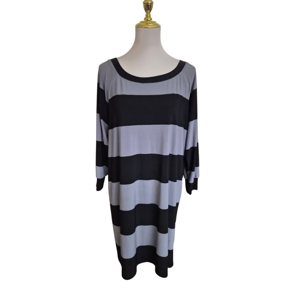 Norma Kamali‎ Black Gray Striped Long Sleeve Shift Dress Womens XL